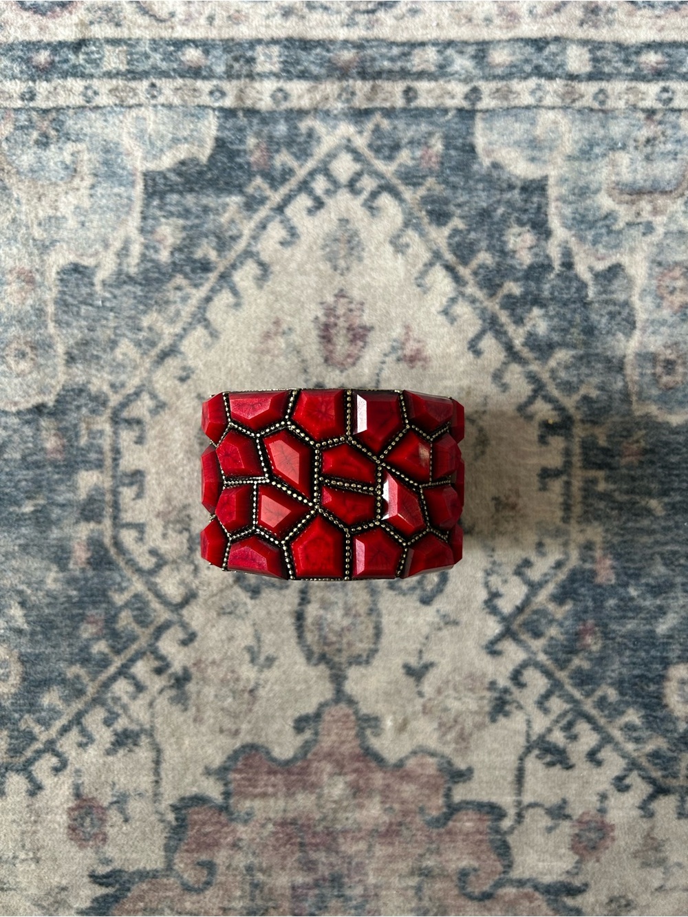 Vintage Park Lane Shanghai Ruby Red Geometric Mosaic Cuff Statement Bracelet